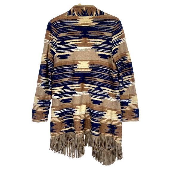 Lucky Brand Southwest Aztec Fringe Cardigan Sweater Sz L Brown Blue Open Front - Picture 3 of 9